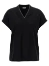 Brunello Cucinelli Black V-neck T-shirt With Monile Detail In Stretch Cotton Woman