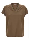 Brunello Cucinelli Rolled Cuffs V-neck Short Sleeve Top In Burgundy