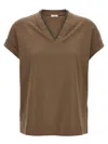 Brunello Cucinelli Rolled Cuffs V-neck Short Sleeve Top In Burgundy
