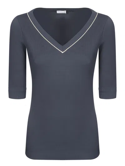 Brunello Cucinelli Monile V-neck Black T-shirt In Navy