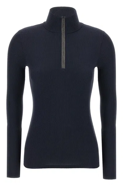 Brunello Cucinelli Wolf Knitwear With Long Sleeves And High Neck In Blue
