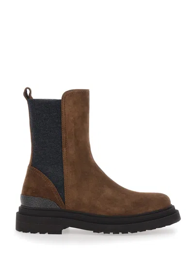 Brunello Cucinelli Monile-back Suede Slip-on Ankle Boots With Elastic Side Bands In Brown