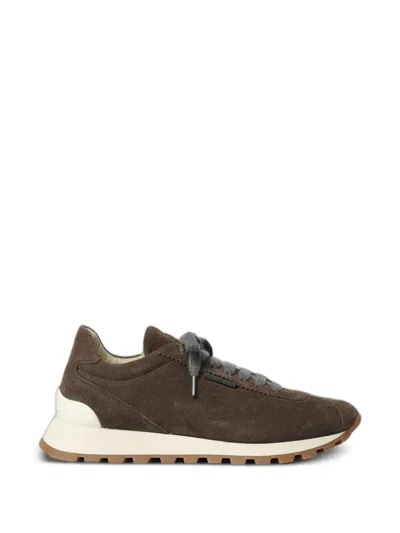 Brunello Cucinelli Monile-embellished Suede Sneakers In Brown