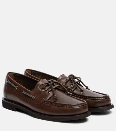 Brunello Cucinelli Leather Loafers With Monili Detail In Brown