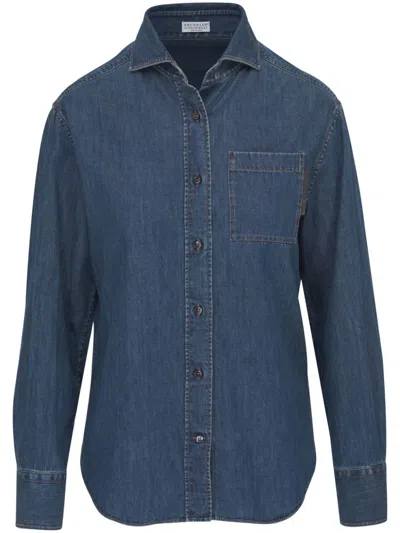 Brunello Cucinelli Monili-detail Buttoned Denim Shirt In Blau
