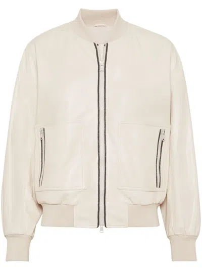 Brunello Cucinelli Beaded Leather Bomber Jacket In Beige