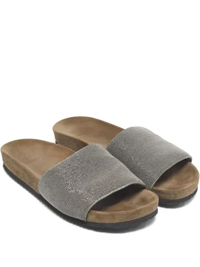 Pre-owned Brunello Cucinelli Monili Beaded Flat Slides In Gray