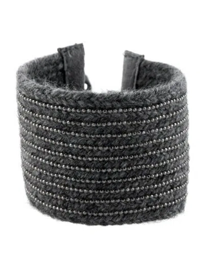 Pre-owned Brunello Cucinelli Monili Beaded Knit Suede & Cashmere Bracelet In Gray