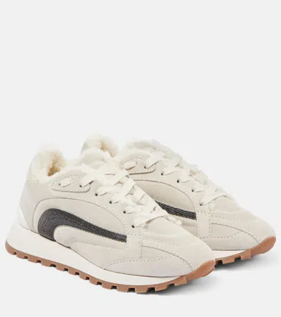 BRUNELLO CUCINELLI MONILI SHEARLING-TRIMMED SUEDE SNEAKERS