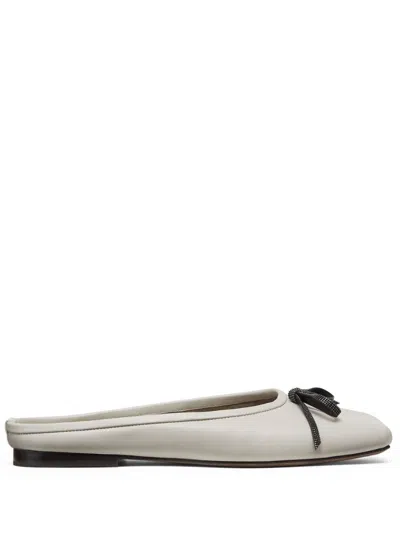 Brunello Cucinelli Leather Monili Bow Ballerina Mules In Ecru