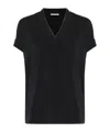 Brunello Cucinelli Black V-neck T-shirt With Monile Detail In Stretch Cotton Woman  In Black
