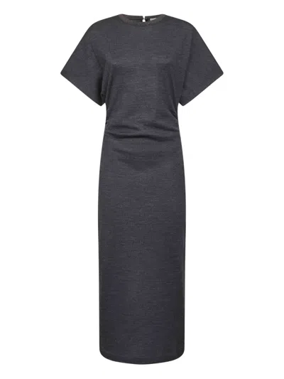 Brunello Cucinelli Women Grey Virgin Wool Midi Dress With Monili In Gray