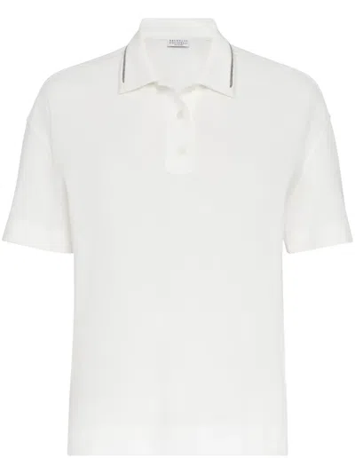 Brunello Cucinelli Piquet Polo Shirt With Monili Detail For Women In White