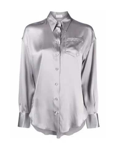 Brunello Cucinelli Monili Chain-embellished Satin Shirt In Grey