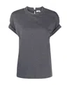 Brunello Cucinelli Rolled Crew Neck Keyhole Back Top In Gray