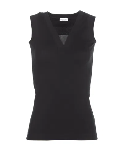 BRUNELLO CUCINELLI BRUNELLO CUCINELLI RIBBED HEM V-NECK TOP