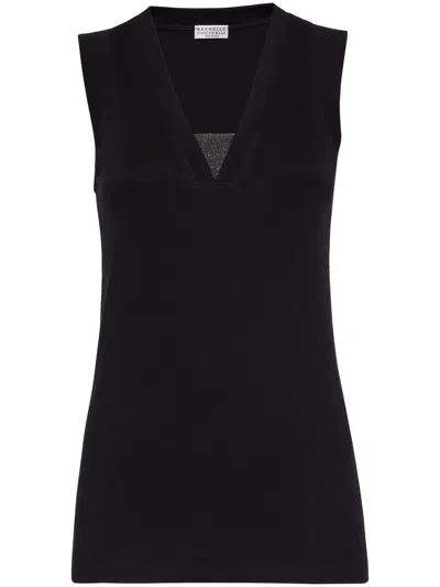 Brunello Cucinelli Stretch Cotton Jersey Tank Top With Precious Faux-layering Clothing In Black