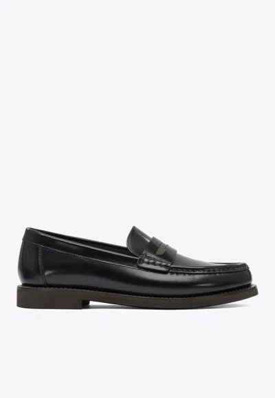Brunello Cucinelli Monili Chain Leather Penny Loafers In Black