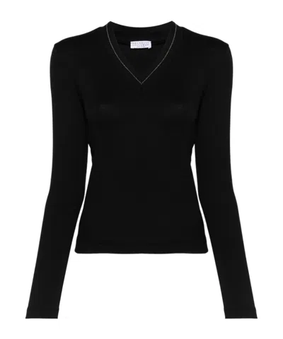 Brunello Cucinelli Blue Ribbed Wool Sweater In Black