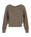 Brunello Cucinelli Cotton Rib Sweater With Jewel In Brown