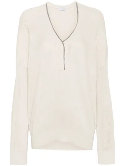 Brunello Cucinelli Monili-chain Ribbed Jumper In Neutrals
