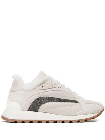 Brunello Cucinelli Suede Sneakers With Monili In White