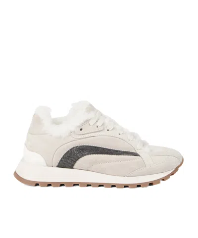 Brunello Cucinelli Panelled White Sneakers With Branded Details In Neutral