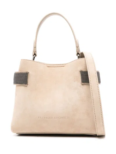 Brunello Cucinelli Monili-chain Suede Cross Body Bag In Neutrals