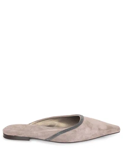 Brunello Cucinelli Monili-chain Suede Mules In Gray