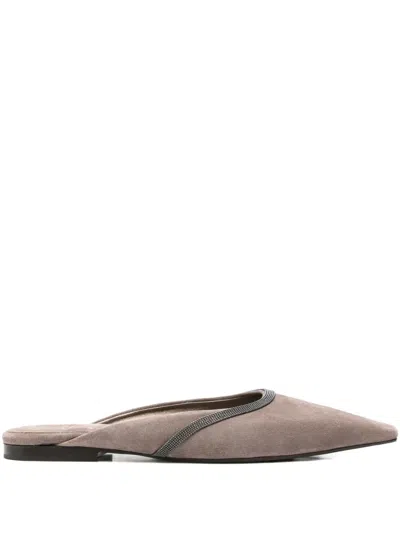 Brunello Cucinelli Monili-chain Suede Mules In Neutral