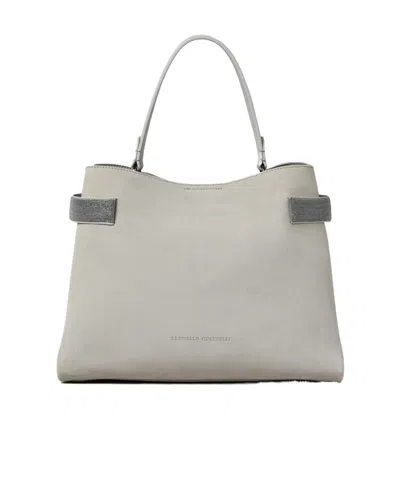 Brunello Cucinelli Monili-chain Suede Tote Bag In Light Grey