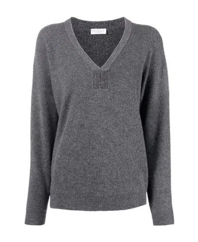 Brunello Cucinelli Monili-chain V-neck Cashmere Jumper In Black
