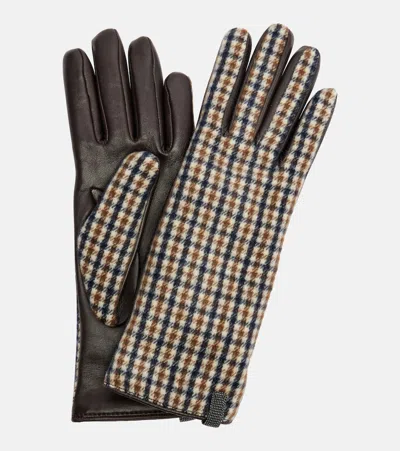 Brunello Cucinelli Monili Checked Virgin Wool And Leather Gloves In Brown