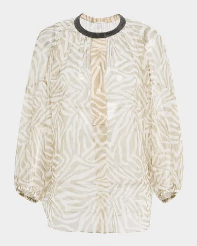 Brunello Cucinelli Monili-collar Animalier-print Organza Button-front Top In C003 Khaki