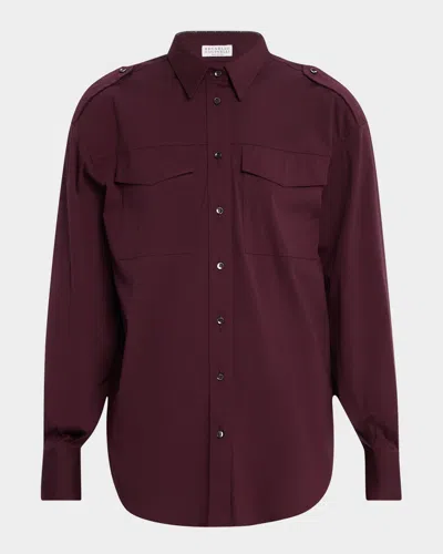 Brunello Cucinelli Monili-collar Cotton Poplin Safari Shirt
