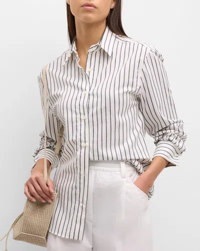 Brunello Cucinelli Monili Collar Cotton Twill Striped Blouse In Multicolour