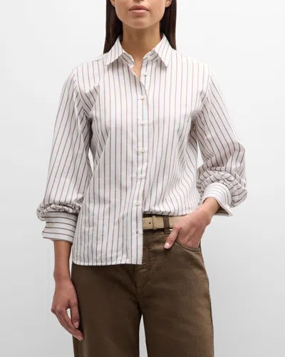 Brunello Cucinelli Monili Collar Cotton Twill Striped Blouse In C015 Bianco Tabacco