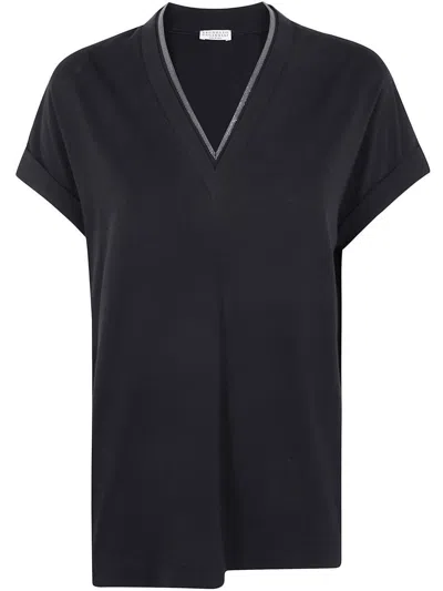 Brunello Cucinelli Monili Collar Vneck Tee Shirt In Black