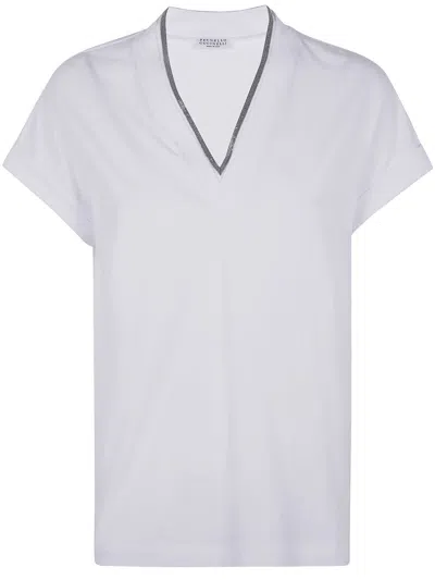 Brunello Cucinelli Monili Collar Vneck Tee Shirt Clothing In White