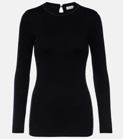 Brunello Cucinelli Womans Long-sleeved Black Cotton T-shirt With Monile Crew Neck