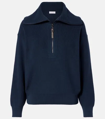 Brunello Cucinelli Monili Cotton Half-zip Sweater In Blue