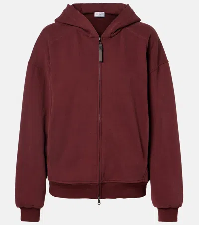 Brunello Cucinelli Cotton Smooth French Terry Topwear With Shiny Zipper Pull In Burgundy