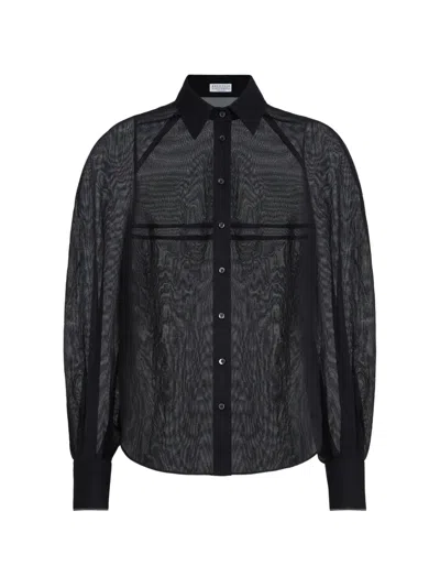 Brunello Cucinelli Striped Organza Shirt In Blue