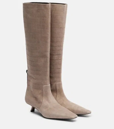 Brunello Cucinelli Monili Croc-effect Suede Knee-high Boots In Brown