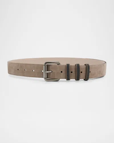 Brunello Cucinelli Monili Croc-embossed Leather Belt In Brown
