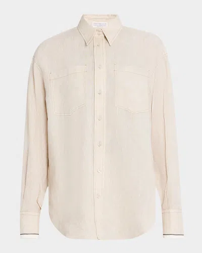 BRUNELLO CUCINELLI MONILI-CUFF LINEN GAUZE BUTTON-DOWN TOP