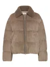Brunello Cucinelli Bead-embellished Shearling-trimmed Padded Quilted Suede Down Jacket In Neutral