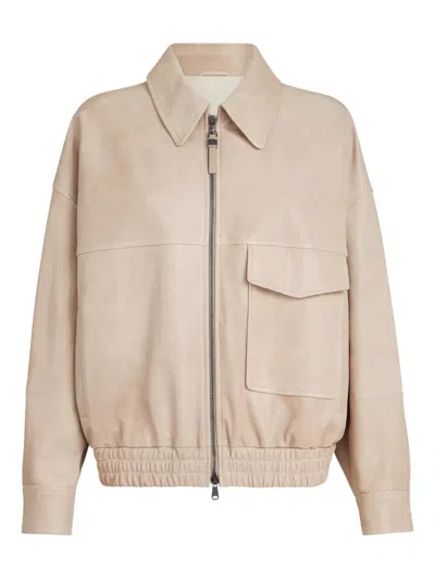 Brunello Cucinelli Monili-detail Leather Jacket In Neutral
