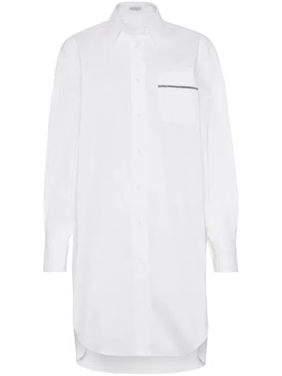 Brunello Cucinelli Stretch-cotton Poplin Monili-trim Longline Shirt In White