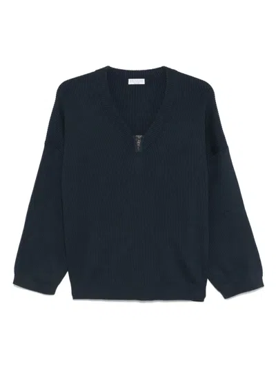 Brunello Cucinelli Monili-detail Ribbed Sweater In Blue